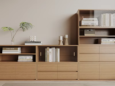 Modern Wooden Bookshelf With Multiple Shelves Drawers Books And Green Plant Decor 3d model