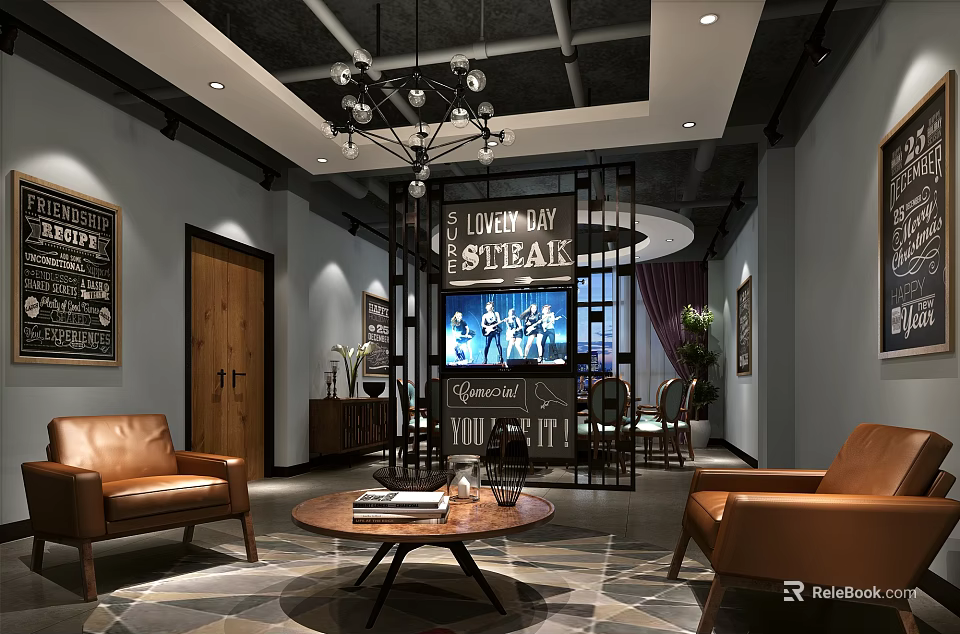 Modern Private Room Interior Design With Leather Sofas Chandelier And Decorative Screen 3d model 