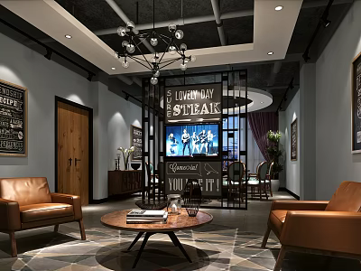 Modern Private Room Interior Design With Leather Sofas Chandelier And Decorative Screen 3d model
