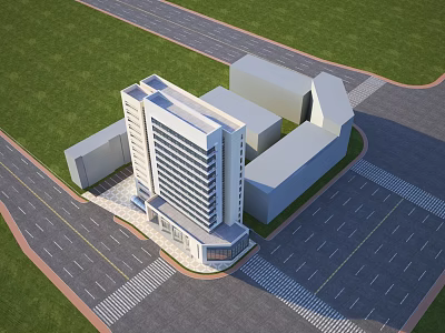Aerial View Of Modern Multi Story Office Building With Green Lawn And Parking Lot 3d model