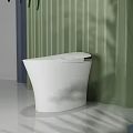 Sleek White Modern Toilet In Bathroom Interior With Green Wall And Palm Leaves