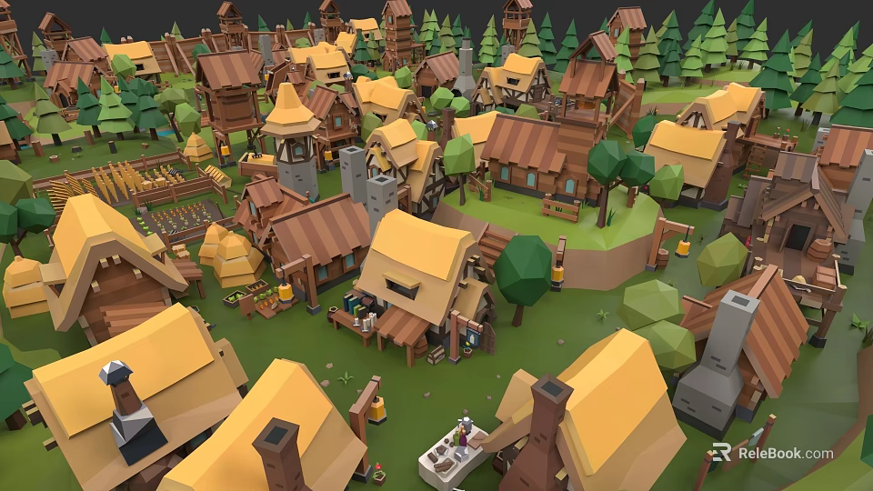 Cartoon Style Detached Villa With Yellow Roofs And Green Trees In Village 3d model 