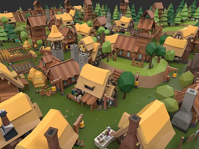 Cartoon Style Detached Villa With Yellow Roofs And Green Trees In Village 3d model