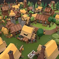 Cartoon Style Detached Villa With Yellow Roofs And Green Trees In Village