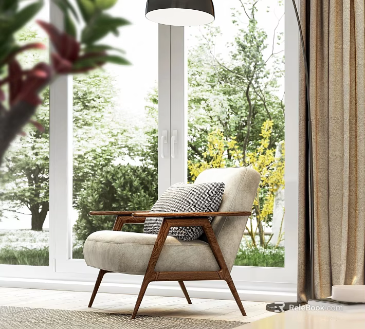 Beige Accent Chair with Wooden Frame by Window and Green Outdoor View 3d model 