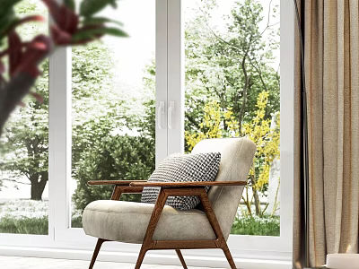 Beige Accent Chair with Wooden Frame by Window and Green Outdoor View 3d model