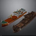 Modern Red White Cargo Ship With Crane And Old Brown Cargo Ship As Water Transport