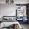 Modern Kids Room Interior With Bed Polka Dot Wall Shelves Desk Chair And Chandelier