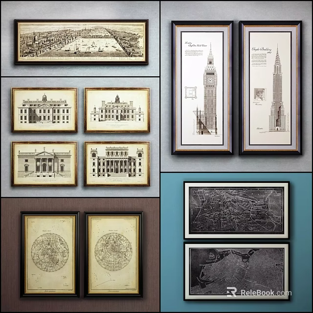Vintage Framed Architectural Sketches Of Classic Buildings And City Maps 3d model 