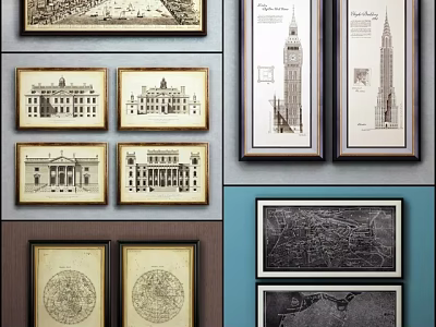 Vintage Framed Architectural Sketches Of Classic Buildings And City Maps 3d model