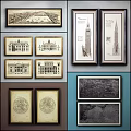 Vintage Framed Architectural Sketches Of Classic Buildings And City Maps