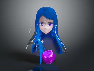 Anime Blue Haired Character With Purple Eyes Floating Sparkles And Purple Orb 3d model