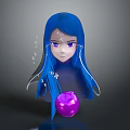 Anime Blue Haired Character With Purple Eyes Floating Sparkles And Purple Orb
