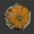 Orange Pumpkin Decorated With Skeleton Bone Ornaments On Dark Background