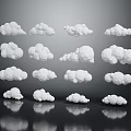White Polygonal Clouds In Various Shapes With Reflections On Dark Background