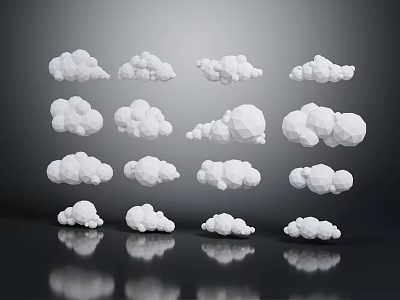 White Polygonal Clouds In Various Shapes With Reflections On Dark Background 3d model