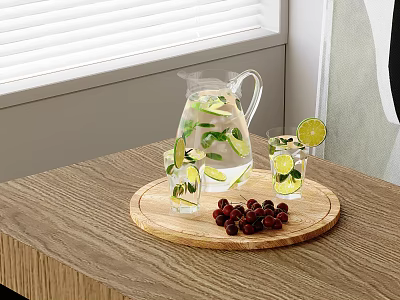 Refreshing Lemon Mint Water in Glass Pitcher with Glasses Red Berries on Wooden Tray by Window 3d model