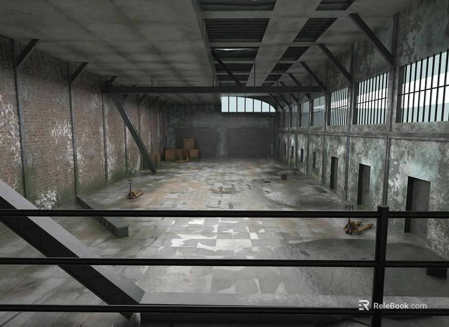 Abandoned Factory Interior Featuring Empty Space Brick Walls Metal Beams Windows And Concrete Floor 3d model 