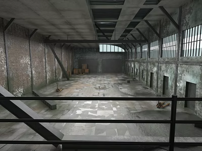 Abandoned Factory Interior Featuring Empty Space Brick Walls Metal Beams Windows And Concrete Floor 3d model