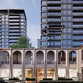 Modern Building Exterior With Curved Arches Water Feature Sculpture In Open Plaza High Rise Background