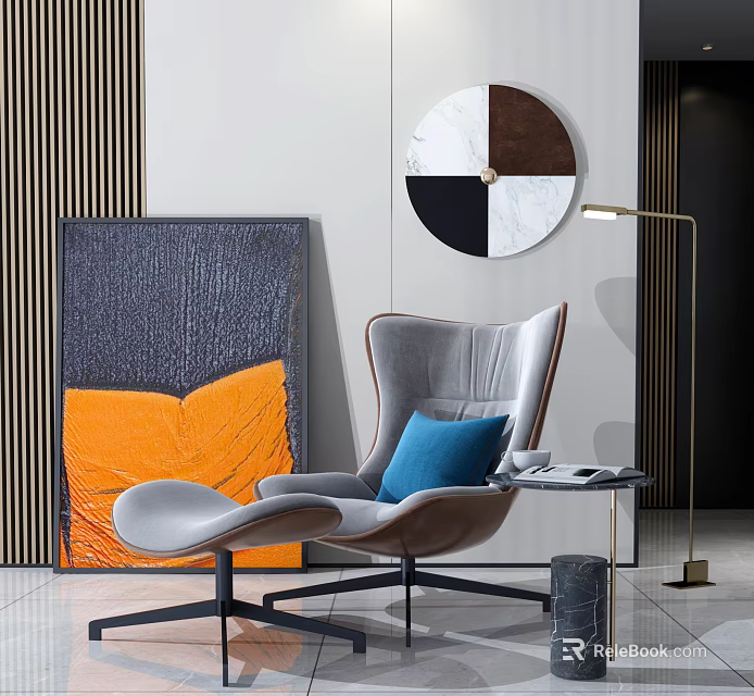 Modern Grey Single Sofa With Blue Pillow Ottoman And Circular Wall Decor Artwork 3d model