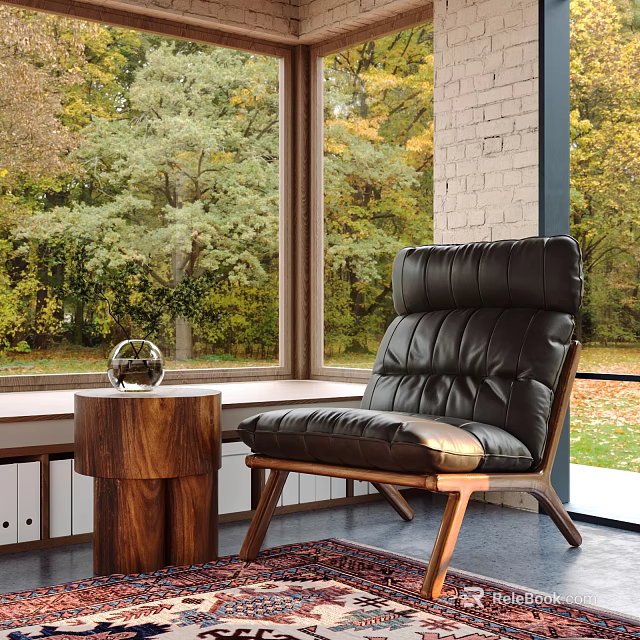 Black Leather Leisure Chair With Wooden Legs By Large Window With Green Trees 3d model 
