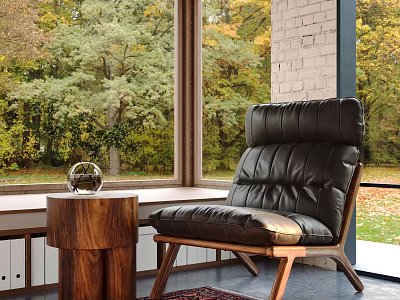 Black Leather Leisure Chair With Wooden Legs By Large Window With Green Trees 3d model