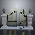 Elegant Black Iron Gates with Gold Accents and White Stone Pillars Topped with Black Lanterns