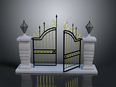 Elegant Black Iron Gates with Gold Accents and White Stone Pillars Topped with Black Lanterns 3d model