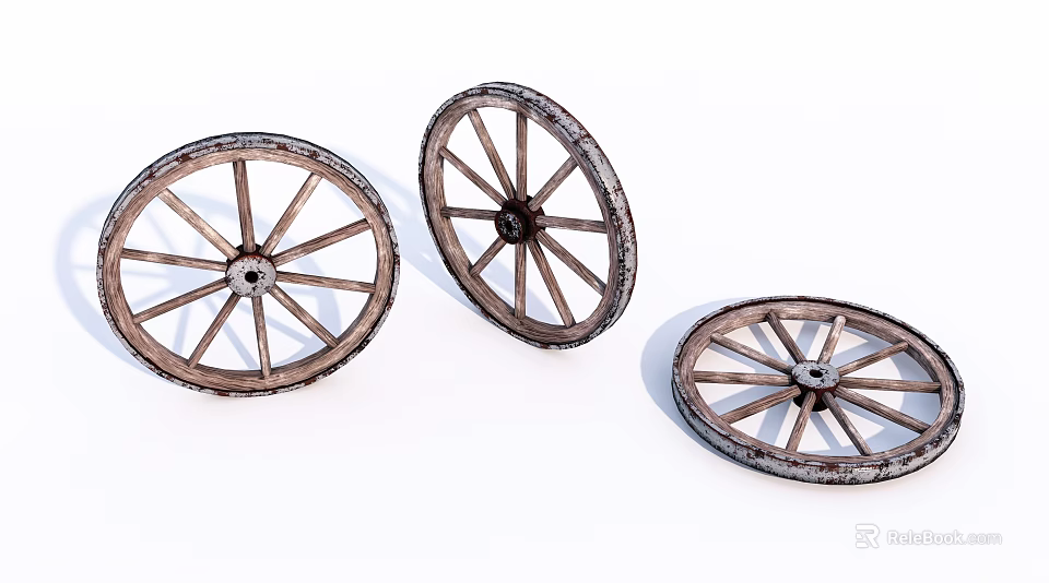 Three Rustic Vintage Wooden Cart Wheels With Intricate Spokes And Classic Design 3d model 