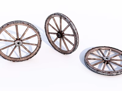 Three Rustic Vintage Wooden Cart Wheels With Intricate Spokes And Classic Design 3d model