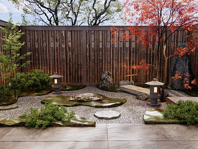 Traditional Courtyard Garden With Red Maple Tree Wooden Fence Stone Lanterns And Pebble Path 3d model