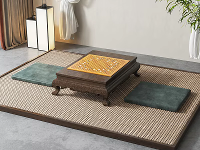 Traditional Wooden Square Entertainment Table With Chessboard Pattern And Green Cushions On Woven Mat 3d model
