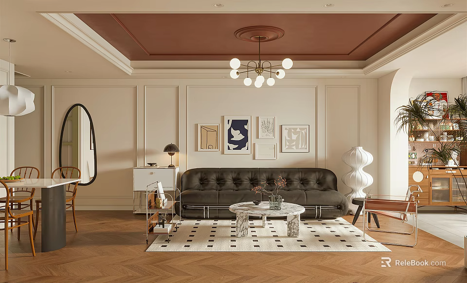 Modern Living Dining Room Interior With Black Sofa Round Chandelier And Decorative Paintings 3d model 