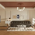 Modern Living Dining Room Interior With Black Sofa Round Chandelier And Decorative Paintings