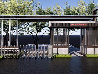 Modern Entrance Gate With Metal Railings Glass Panels And Landscaped Greenery Around 3d model
