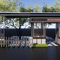 Modern Entrance Gate With Metal Railings Glass Panels And Landscaped Greenery Around