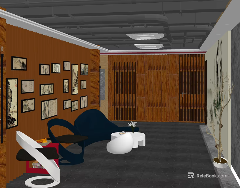 Modern Shop Front Desk Design With Wooden Partition Blue Sofa And Decorative Paintings 3d model 