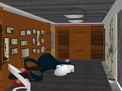 Modern Shop Front Desk Design With Wooden Partition Blue Sofa And Decorative Paintings 3d model