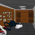 Modern Shop Front Desk Design With Wooden Partition Blue Sofa And Decorative Paintings