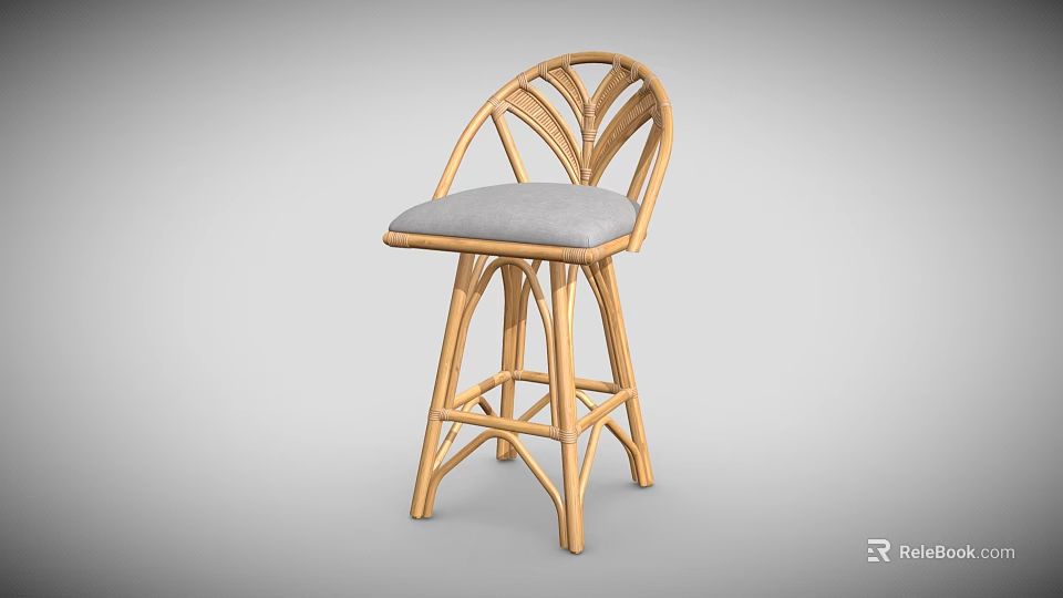 Rattan Bar Stool With Light Wood Frame Gray Cushioned Seat And Modern Home Bar Design 3d model 
