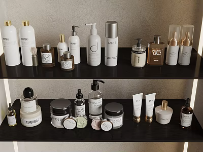 Various Skincare Products Arranged On Black Shelf With Different Bottles And Jars 3d model