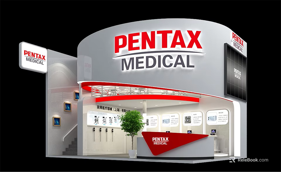 PENTAX MEDICAL Circular Exhibition Booth With Staircase Displayed Products And Reception Desk 3d model 