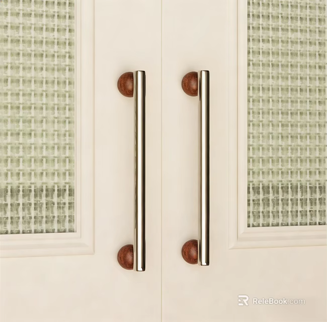 Stainless Steel Cabinet Handles With Wooden Ends On White Doors Glass Panel Design 3d model 