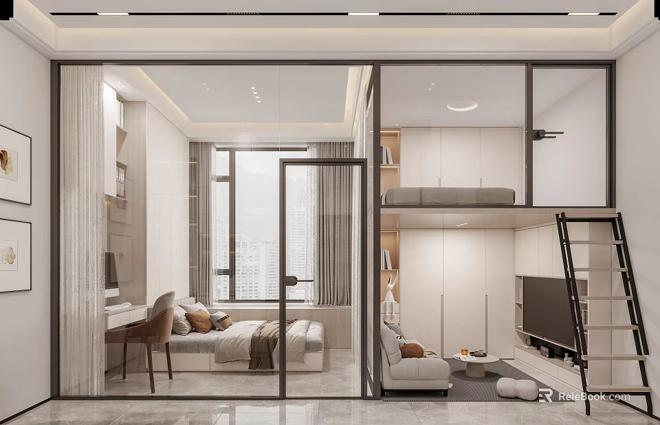 Modern Minimalist Apartment Interior with Bed Desk Sofa TV and Cabinets 3d model 