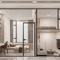 Modern Minimalist Apartment Interior with Bed Desk Sofa TV and Cabinets