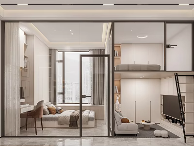 Modern Minimalist Apartment Interior with Bed Desk Sofa TV and Cabinets 3d model