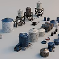 Assorted Blue And White Storage Barrels With Metal Frames And Small Containers 3d model