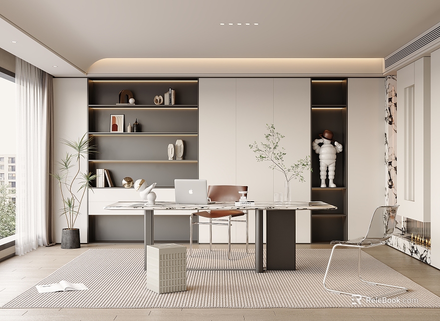 Modern Study Room Interior Design With Bookshelves Wooden Desk Chair And Green Plants 3d model 