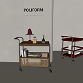 Modern Mobile Storage Carts With Wooden Rattan And Metal Red Shelves For Interior